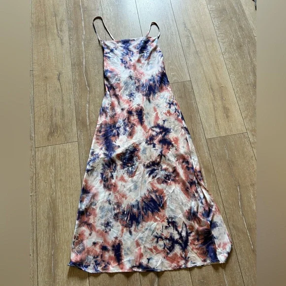 Silky Tie-Dye Blue Pink Spaghetti Strap Maxi Dress - Picture 2 of 9